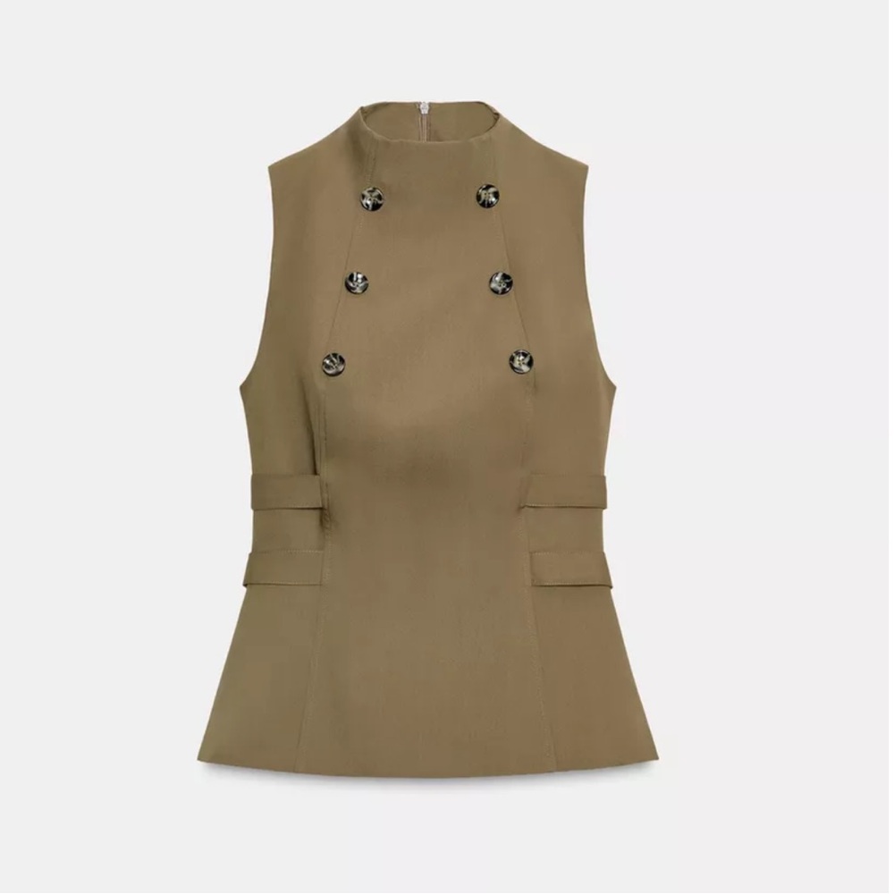 Zara Khaki Sleeveless Vest with Button Accents